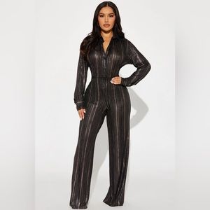 NWT Fashion Nova Late Nights Metallic Pant Set gold & black SEXY stretchy LARGE